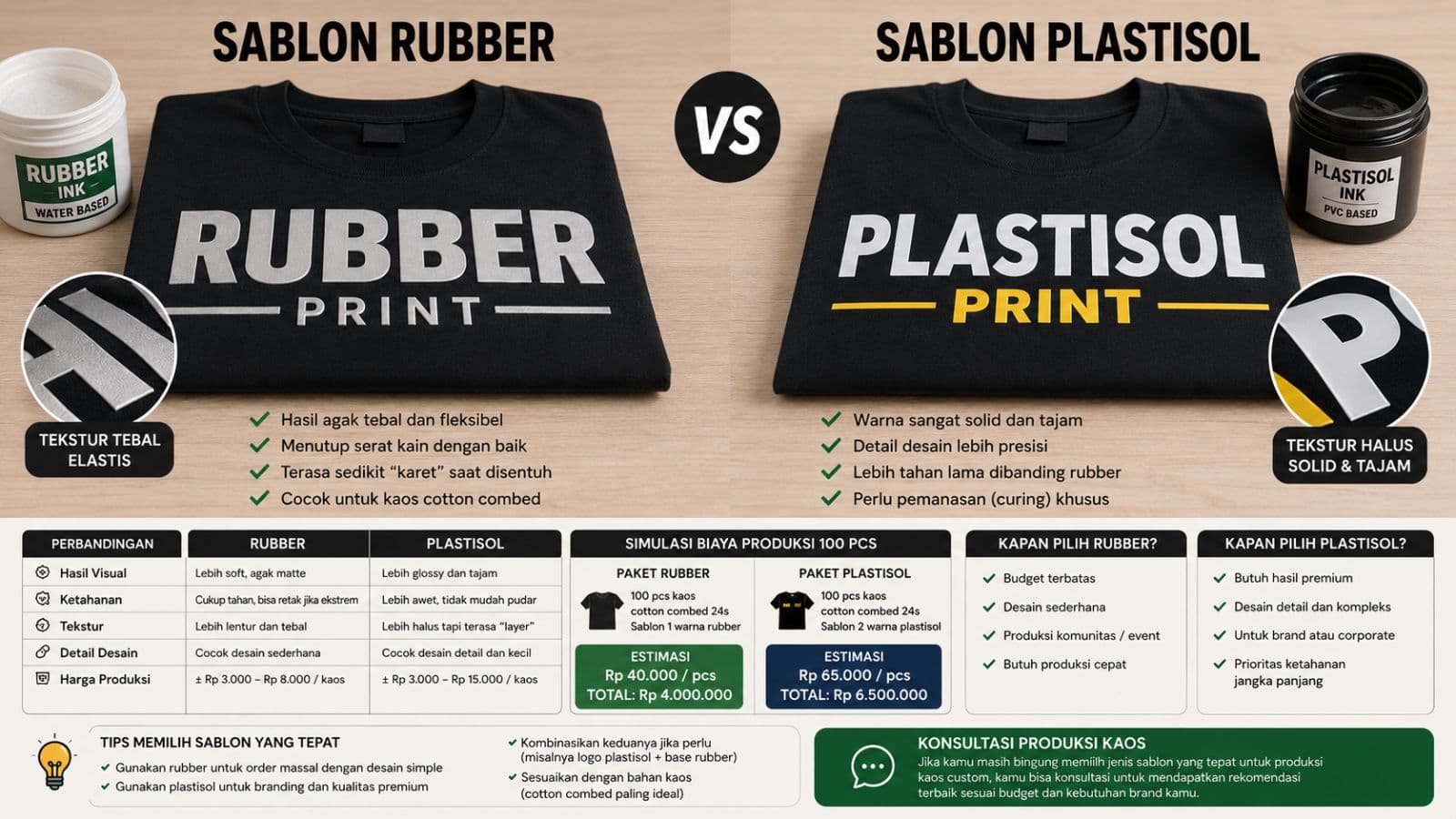 Sablon Rubber vs Plastisol: Perbedaan, Kelebihan, dan Kapan Harus Dipakai